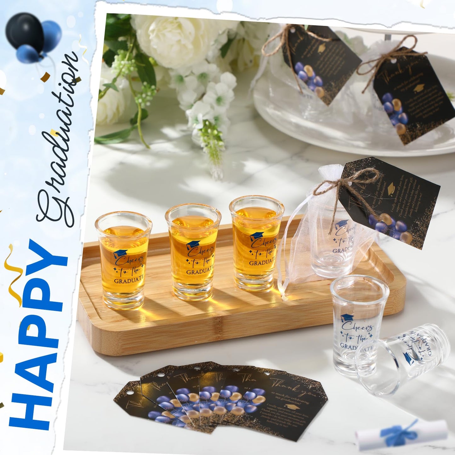 Maxcheck 50 Sets Graduation Party Favors for Guests Cheers to the Graduate Acrylic Shot Glasses with Thank You Cards and Organza Bags Graduation Gifts for Teacher Classmates Family(Blue)
