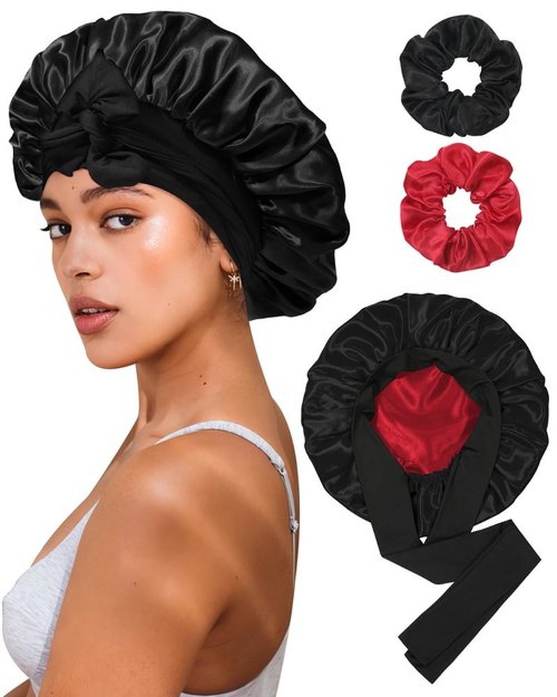 Reversible Satin Bonnet for Sleeping Women Silk Bonnet Double Layer Hair Bonnet with 2PCS Hair Scrunchies Elastic Tie Band Night Cap Hair Wrap for Natural Curly Hair (Black+Red)
