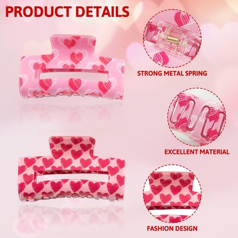Valentine's Day Hair Clip for Women, Large Claw Clips for Thick Hair and Long Hair, Heart Hair Claw Clips, Strong Hold Jaw Clips, Cute Hair Barrettes Accessories, Valentine's Day Claw Clips for Girls