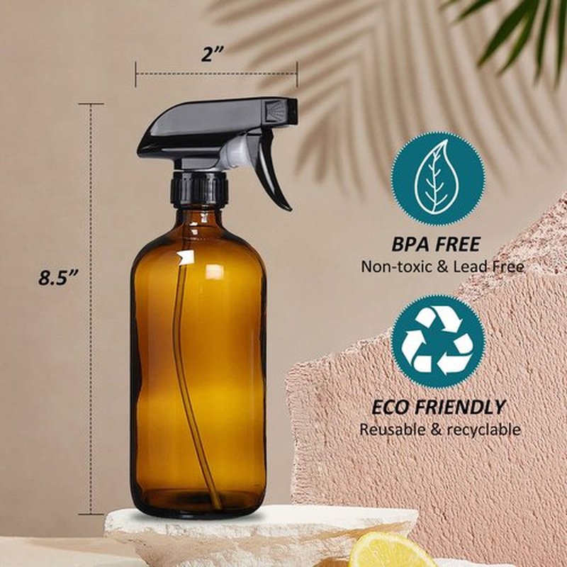 HAOERMEI 16 oz Amber Glass Spray Bottles - 2 Pack Refillable Empty Bottle for Cleaning Solutions, Essential Oils, Plants, Hair Mister - with Pump,Labels &Funnel, Dropper (Amber-2PACK)