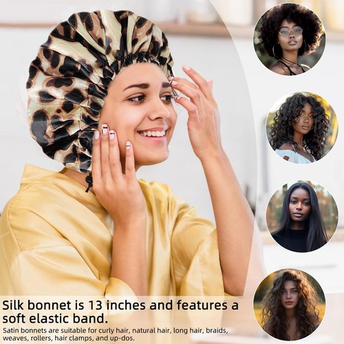 Satin Bonnet Silk Bonnet for Curly Hair Bonnet Braid Bonnet for Sleeping Bonnets for Women Large Double-Layer Adjustable(Leopard)