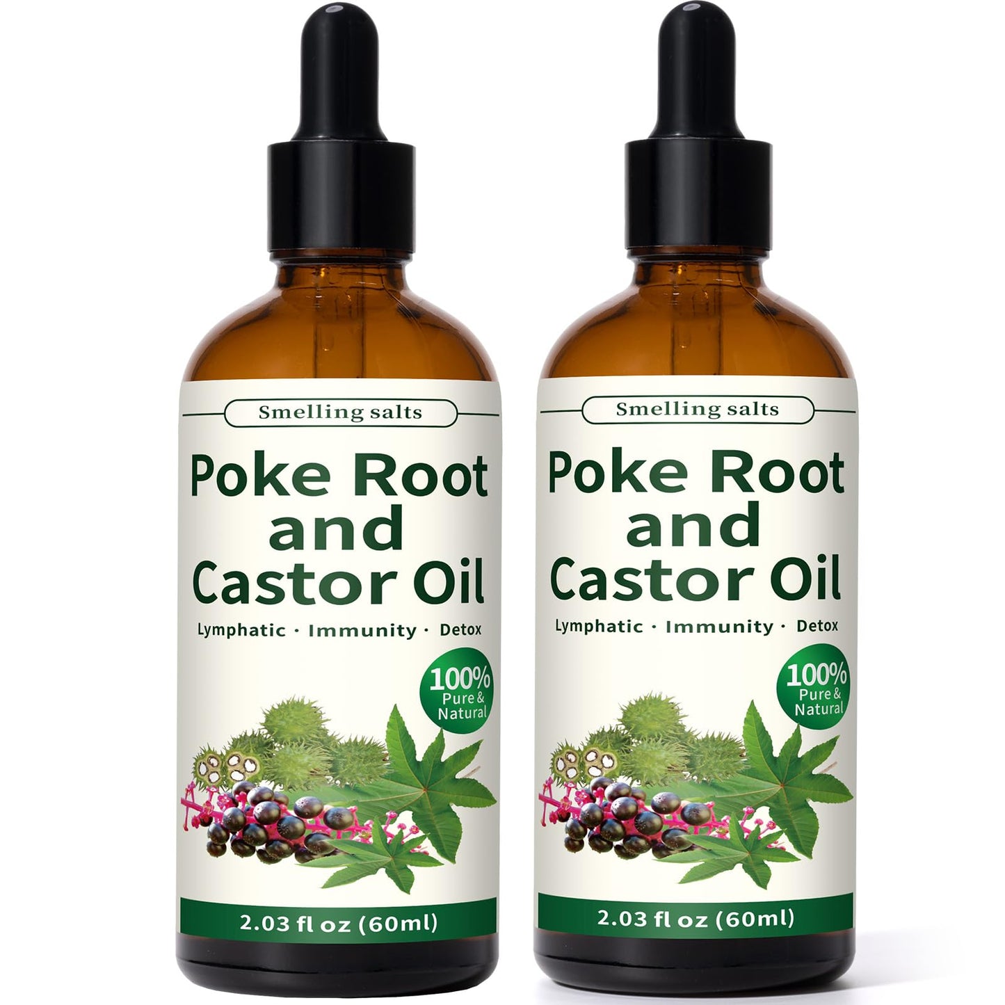 Smelling salts Poke Root and Castor Oil - 2 x 2 fl oz Poke Root Oil Organic with Vitamin E - Supports Swollen Lymph Nodes, Fibroids, Cysts, Boils, Breast and Joint Health