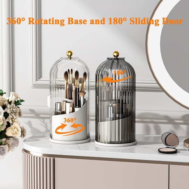Zufudo Makeup Brush Holder Organizer with Lid 360° Rotating Makeup Organizer Countertop Dustproof Cosmetics Organizer for Vanity Bathroom, Transparent
