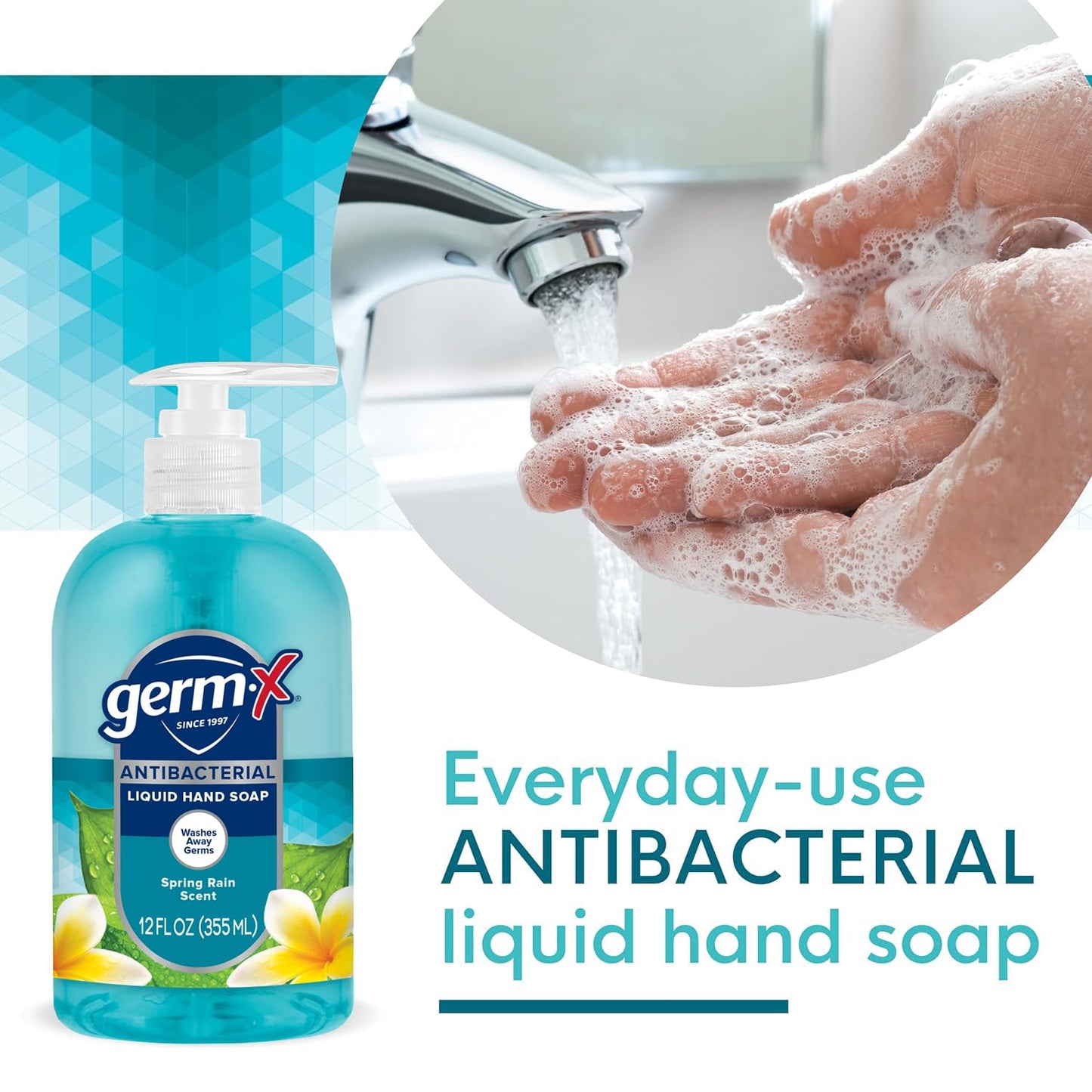 Germ-X Antibacterial Hand Soap,12 Oz,Moisturizing Liquid Hand Wash for Kitchen or Bathroom,pH Balanced & Dermatologist Tested,Spring Rain Scent,Pump Bottle,(Pack of 8)