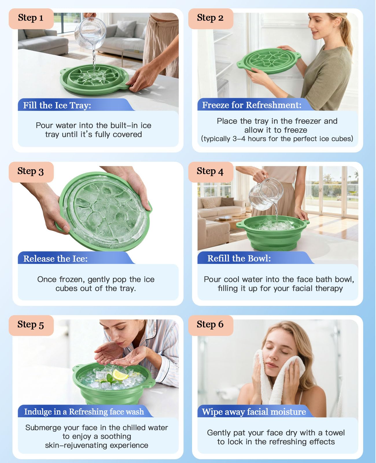 Face Bowl for Ice with Built-in Ice Tray – Collapsible Silicone Facial Ice Bath Bowl for Cold Plunge Therapy, Skin Tightening & Acne Relief – Portable Spa Tool for Home & Travel（Green