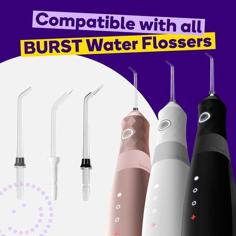 BURST Water Flosser Replacement Tips for Fresh Breath, Healthy Teeth & Gums, Plaque Removal Between Teeth, Braces & Dental Work - 2pk (Ortho)