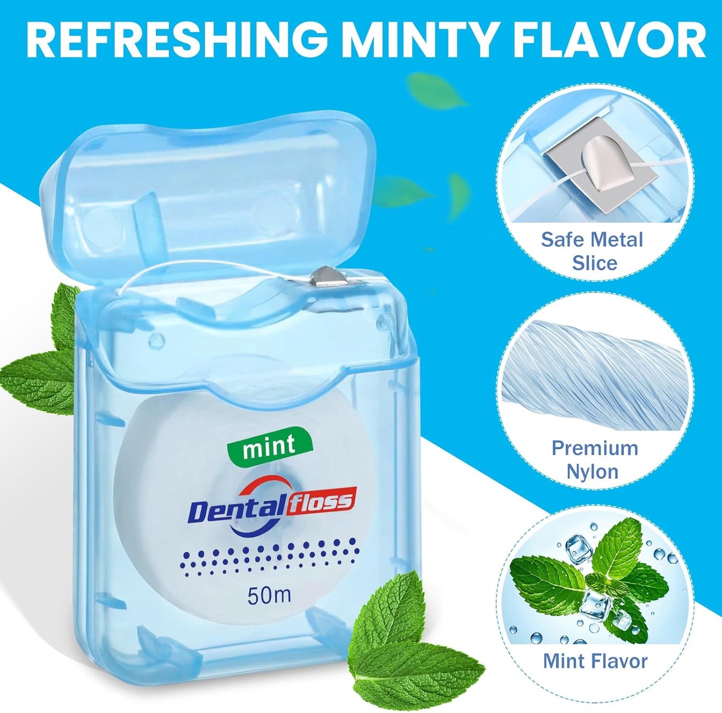 72 Pack Dental Floss - Mint Flavored Waxed Oral Care for Teeth Protection | 50m Each, Multicolor