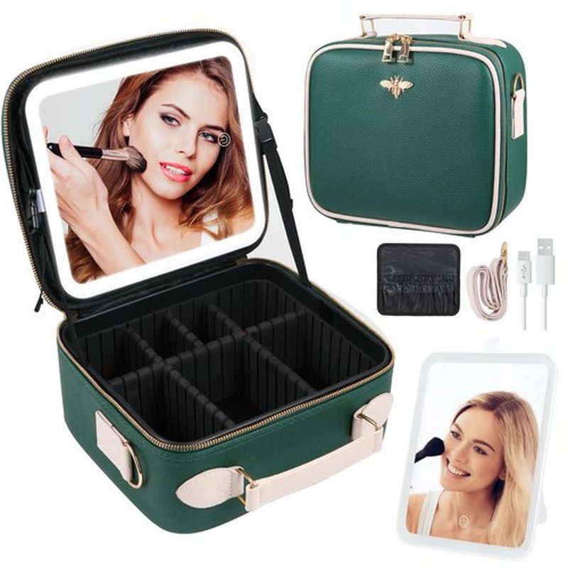 GERYUAEG Travel Makeup Bag with Mirror of LED Lighted, Rechargeable Cosmetic Train Case Artist Makeup Organizer for Women with Adjustable Dividers, Makeup Brushes Holder and Strap (Green)