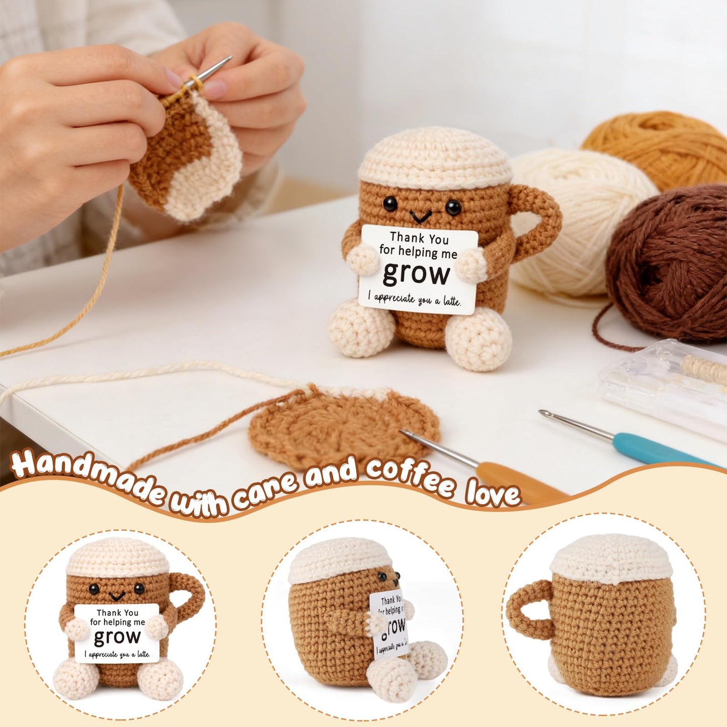 Mini Thank You Gifts for Women Men Boss Coworker Teacher Handmade Positive Crochet Coffee Appreciation Birthday Retirement Farewell Gifts for Mentor Team Leaders Supervisors Managers Work Bestie