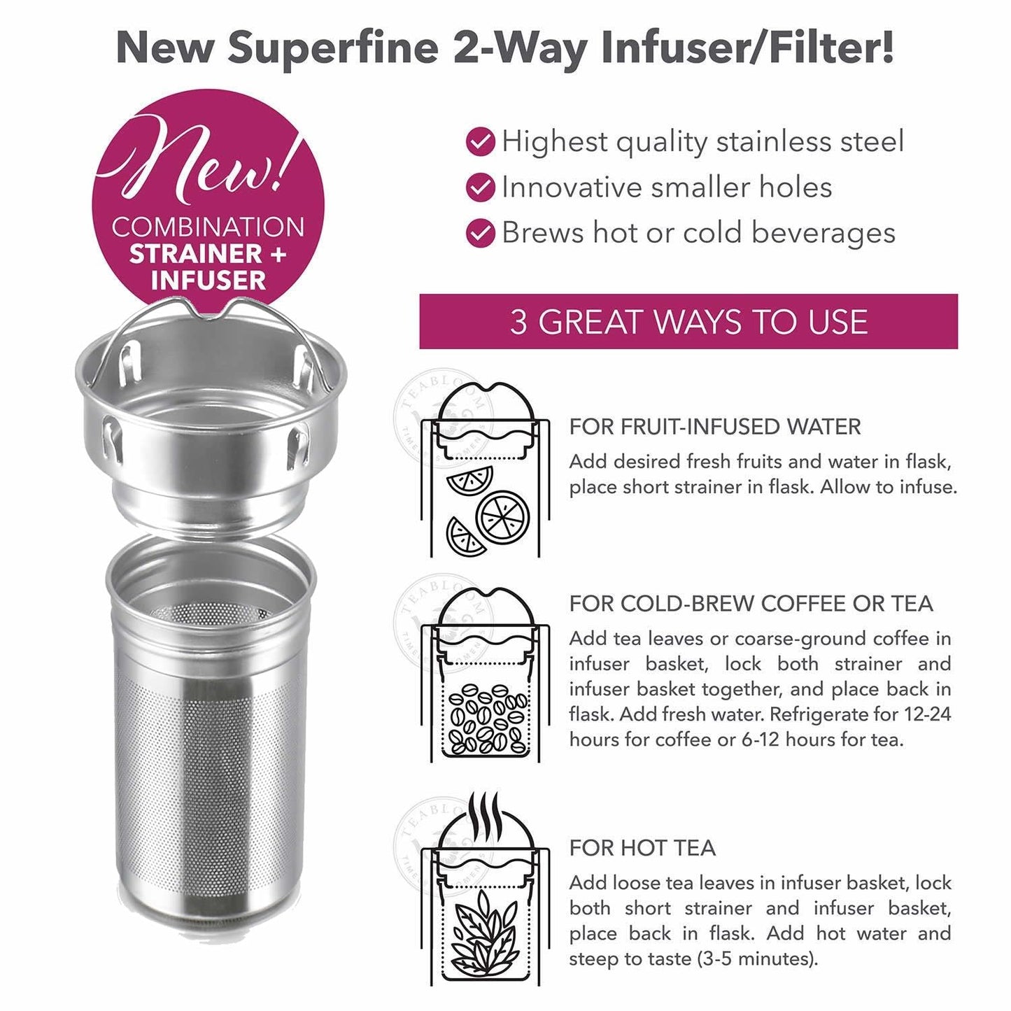 Teabloom - The ORIGINAL All-Brew Travel Tumbler & Thermos | OPRAH’s Favorite | 16oz/480ml Stainless Steel Insulated Water Bottle/Tea Flask/Cold Brew Coffee Mug