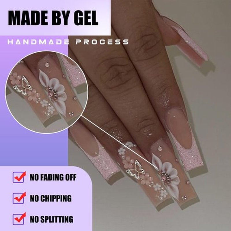 Ohhmisis Long Press on Nails Pink French, Rhinestone Square Fake Nails with Glue, 3D Flower and Butterfly False Nails Glue on Nails for Women 24 Pcs