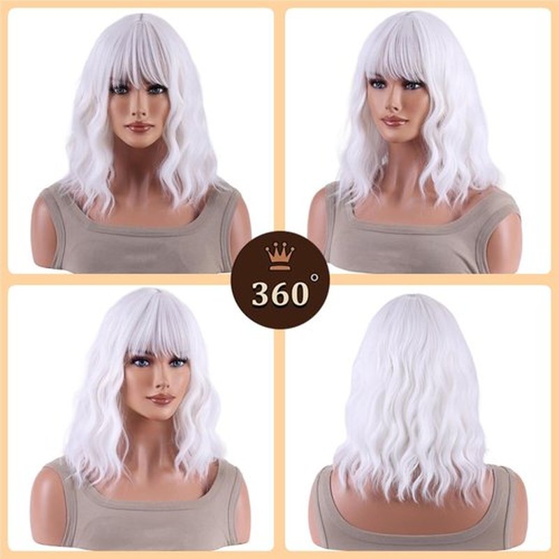 AneShe White Wig Short White Wavy Wig Curly Synthetic Hair Wig White Bob Wig with Air Bangs for Women Daily Wear Party Cosplay (14" White)