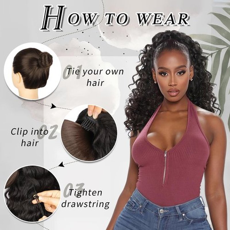 HMD Curly Ponytail Extension Drawstring Ponytail for Black Women Brown Black Curly Clip in Hair Extensions 18 Inch Ponytail Extension Synthetic Hairpiece for Daily Party(4#)