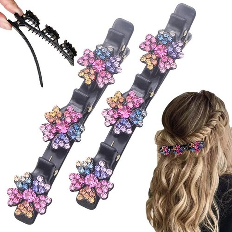 2 Pcs Sparkling Crystal Stone Braided Hair Clips, 2024 New Satin Fabric Hair Bands Rhinestone Four-Leaf Clover Hair Clip for Styling, Duck Bill Clips for Women Girls (A)