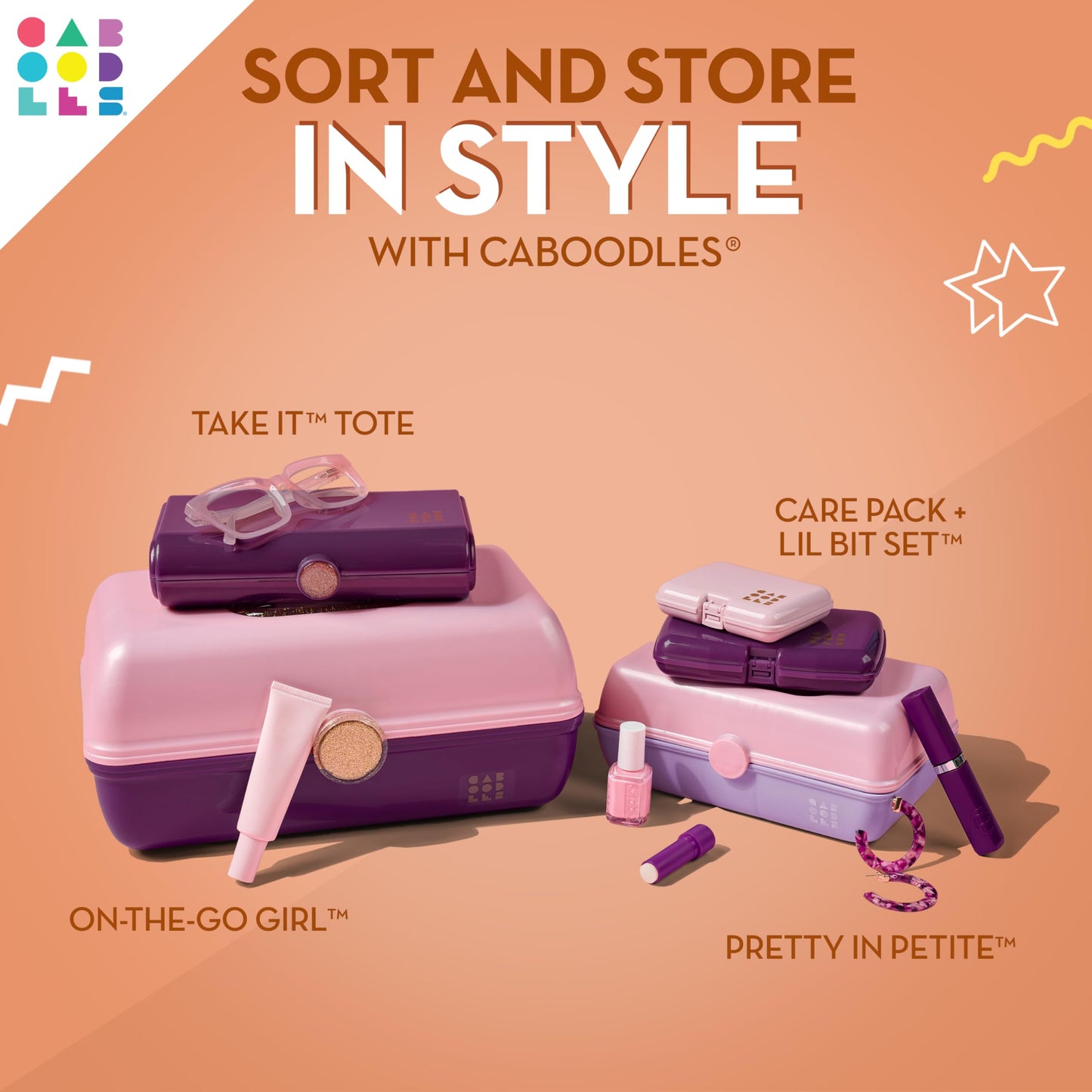 Caboodles On-The-Go Girl Makeup Box, Two-Tone Violet on Tangerine, Hard Plastic Makeup Organizer Box, Built-In Mirror, Secure Latch for Safe Travel, Spacious Storage for Large Items