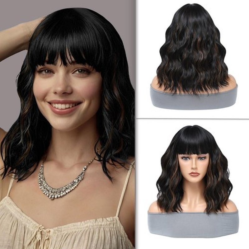 MeaYOO Black Mixed Brown Bob Wig with Bangs for Women,Shoulder Length Brown Highlight Synthetic Bob Wavy Wig,Natural Looking Heat Resistant Fiber Curly Wigs for Daily Party Use,Cosplay 1B/30 Mix Wig
