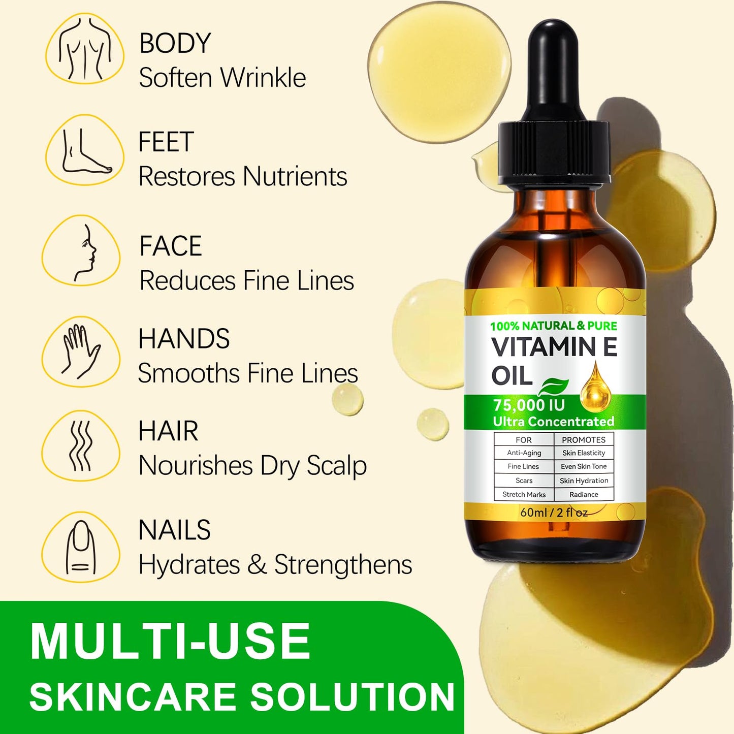 Tiuedu 2PCS Natural Vitamin E Oil for Skin, Ultra Concentrated Vitamin E Oil for Face, Hair and Scars, Moisturizing Dry Skin Oils, Promotes Skin Elasticity