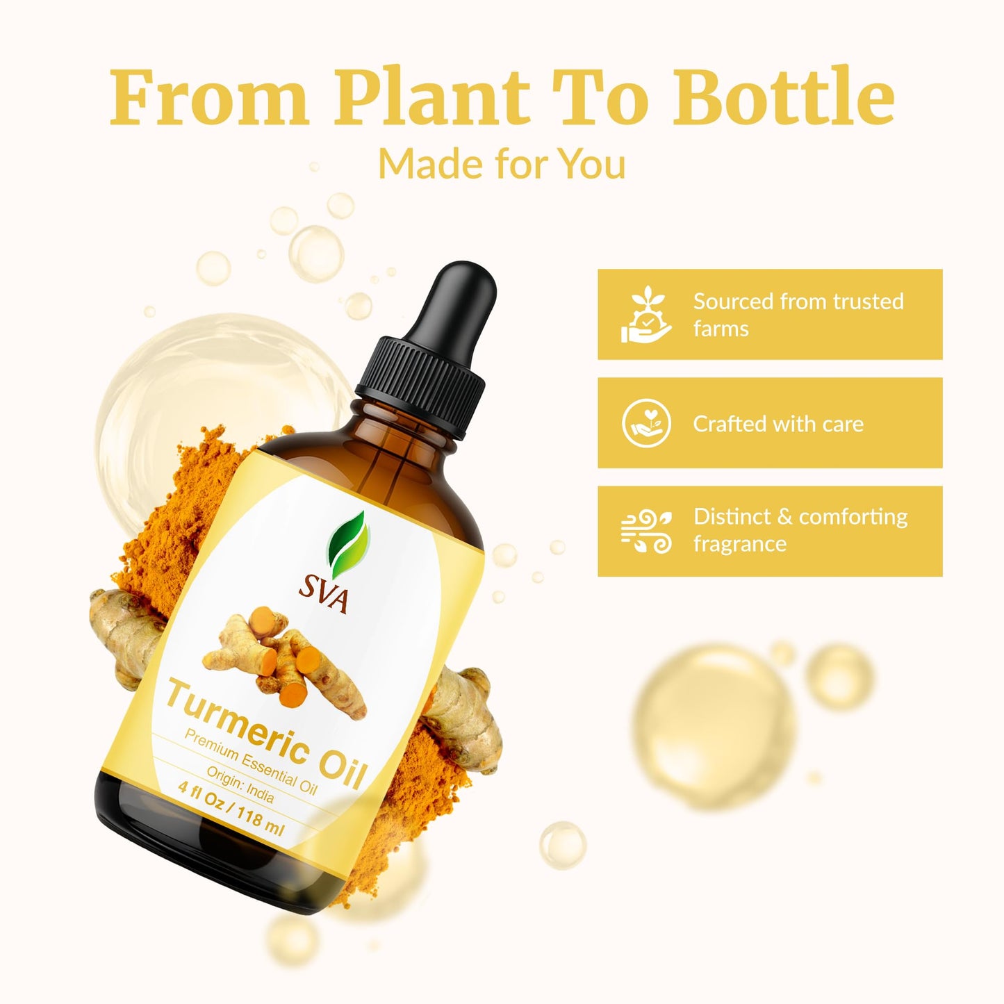 SVA Turmeric Essential Oil – 4 Fl Oz – 100% Natural Turmeric Oil - for Diffuser, Hair Care, Face, Skin Care, Aromatherapy, Scalp and Body Massage, Soap and Candle Making – with Dropper