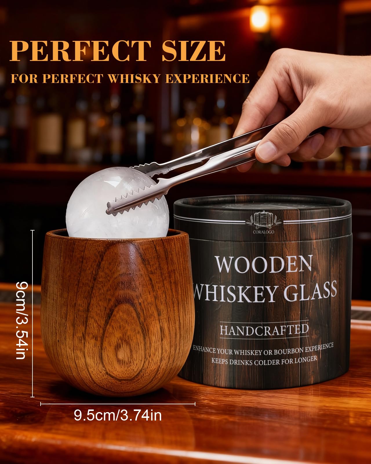 Coralogo Charred Wooden Bourbon Glass - Wooden Whiskey Drinking Glass Set, Charred Whiskey Cup Handcrafted Bourbon Gift for Men Dad Husband with Designed Gift Box, Birthday Retirement