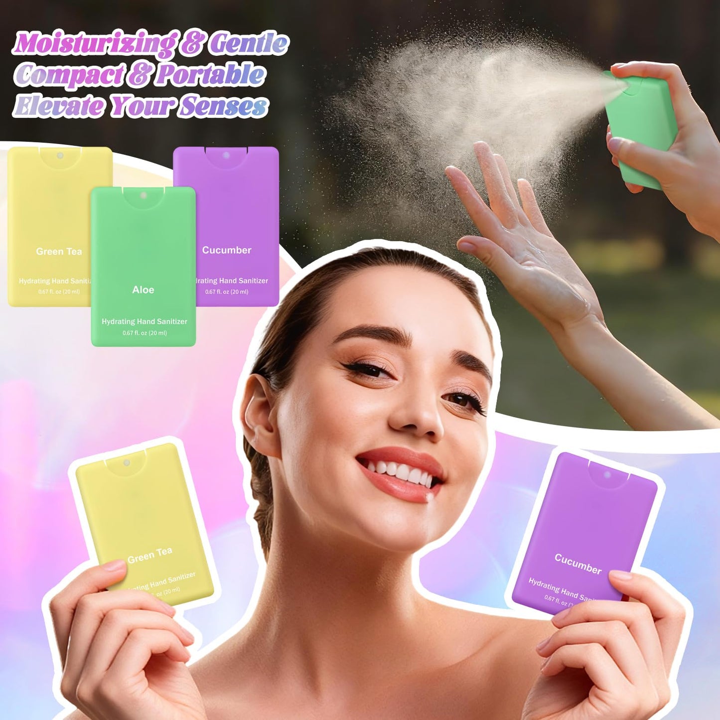 Dansib Set of 3 Power Mist Hydrating Hand Sanitizer Spray Bulk Travel Size Refreshing Hand Sanitizer 0.67 Fl. oz Compact Card Spray Bottle Aloe Green Tea Cucumber Scent for Adult Backpack Purse Pocket