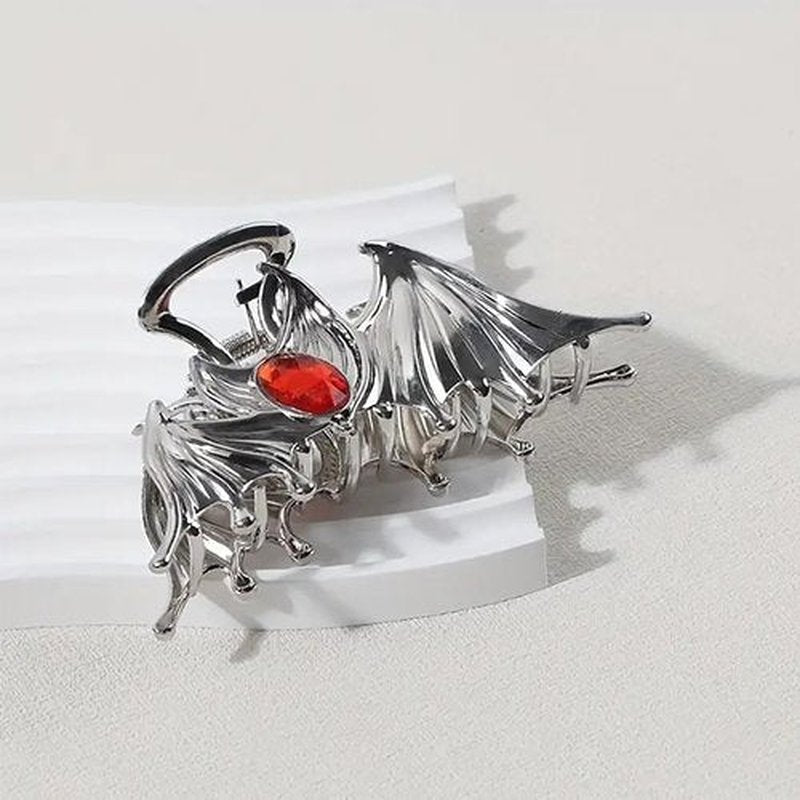 Halloween Hair Accessories Metal Bat Hair Claw Clips Halloween Shark Jaw Clip Silver Black Bat Wings with Rhinestones Design Medium Hair Clips Cosplay Party Hair Supplies Halloween Claw Clips, 2Pcs