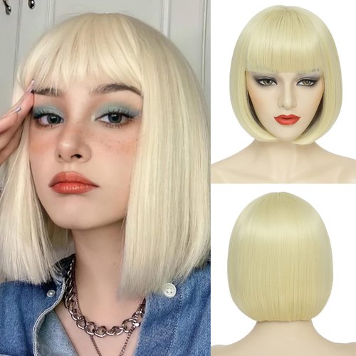 YBYMCAI Blonde Bob Wig For Women Short Blonde 613 Bob Wig With Bangs Straight Bob Bangs Wig 10 Inch Heat Resistant Synthetic Hair Natural Looking For Daily Party Use