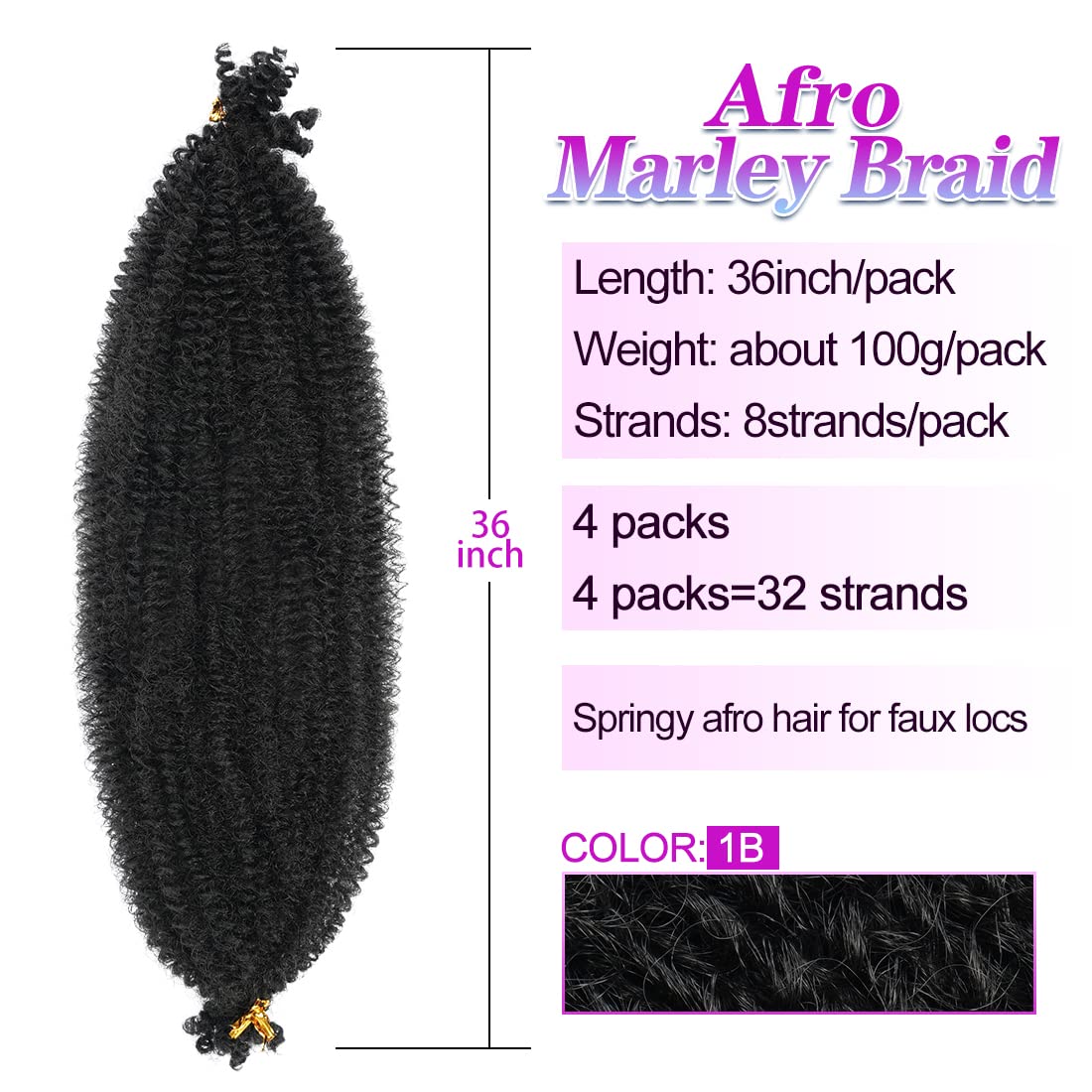 Youngther 36 inch Pre Separated Springy Afro Twist Hair 4 Packs Soft Spring Twist Hair For Marly Braiding Hair Synthetic Crochet Hair Extensions for Black Women(36 inch #1B)