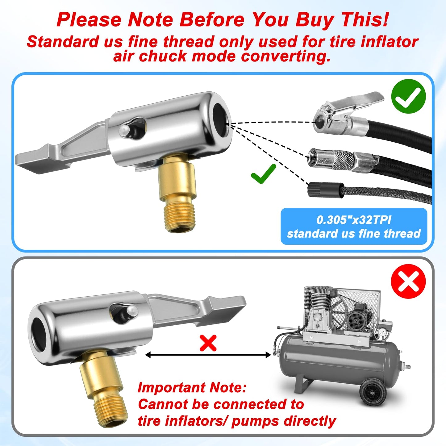 Alrhso 2 Pcs Tire Inflator Hose Adapter Lock on Air Chuck Locking, Metal Locking Air Chuck with Standard Tire Valve Thread No Leakage Inflating Nozzle for Portable Tires Pump, Airs Compressor