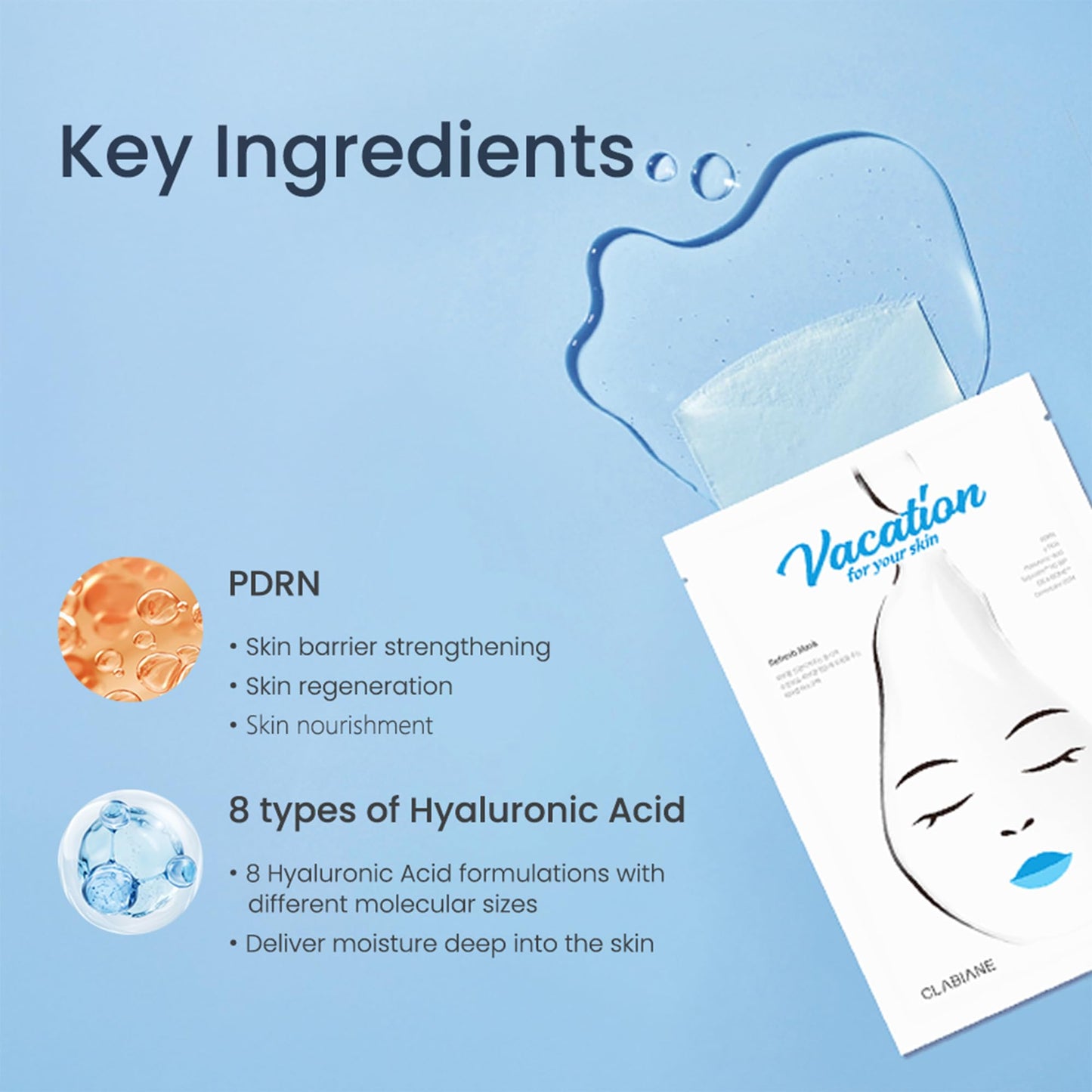 CLABIANE Vacation for Your Skin PDRN Vegan Sheet Mask Pack, 5 Sheets 100% Biodegradable Cellulose Hydrogel, Hydrating & Soothing Face Mask for Moisture, Nutrition, Relaxing Fresh Scent Korean Skincare