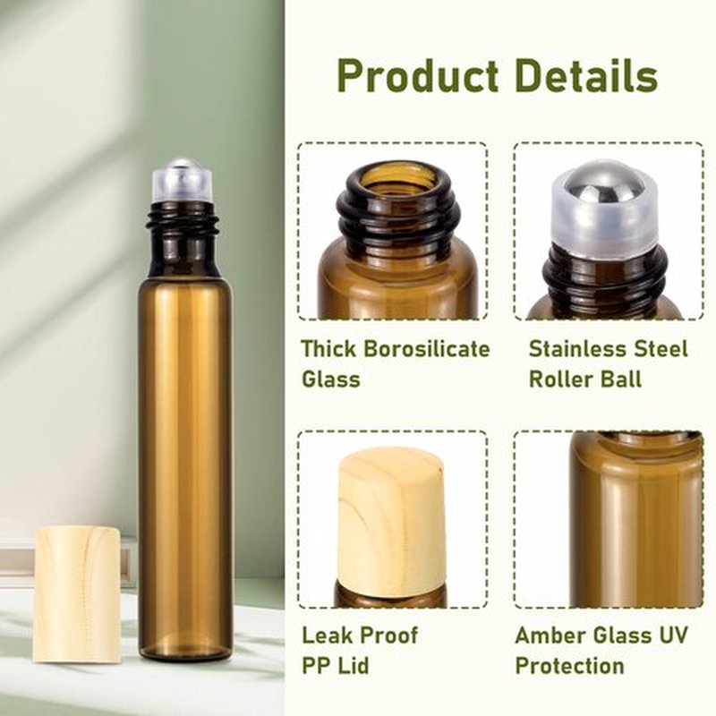 10ml Small Essential Oils Roller Bottles for Oils, 8-Pack 1/3 Oz Slim Amber Glass Roll-on Bottles for Essential Oils, Empty Eye Rollerball Bottle with Roller Ball for Perfumes, Lip Balms and Travel