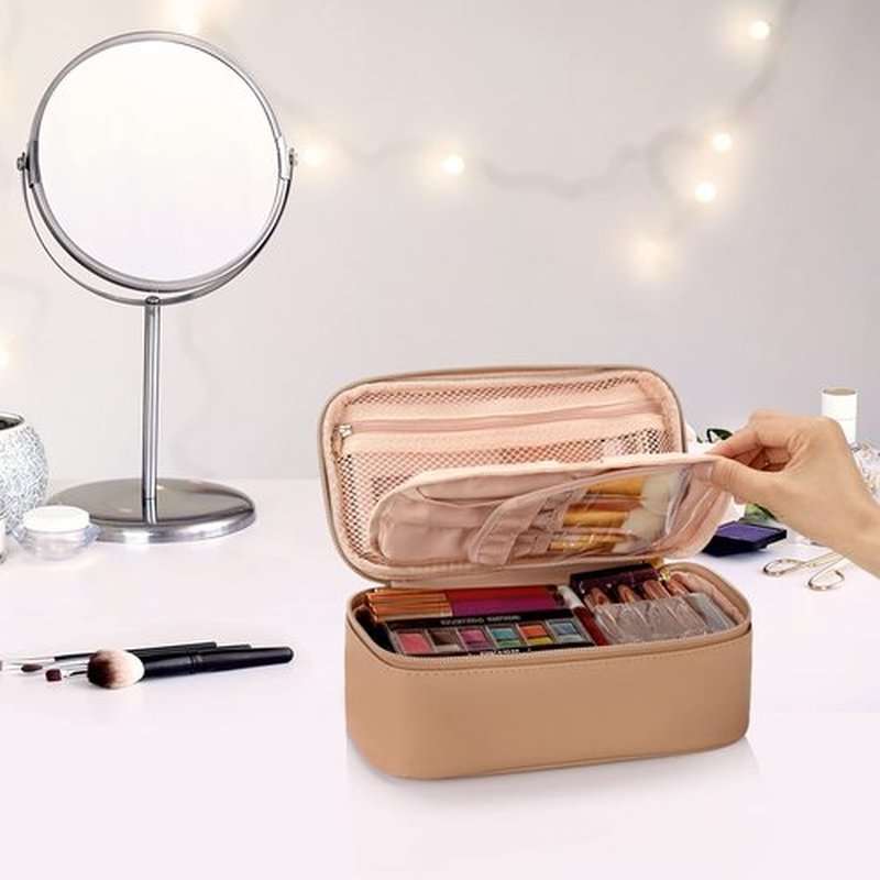 OCHEAL Small Makeup Bag,Portable Cute Travel Makeup Bag Pouch for Women Girls Makeup Brush Organizer Cosmetics Bags with Compartment-Beige Apricot