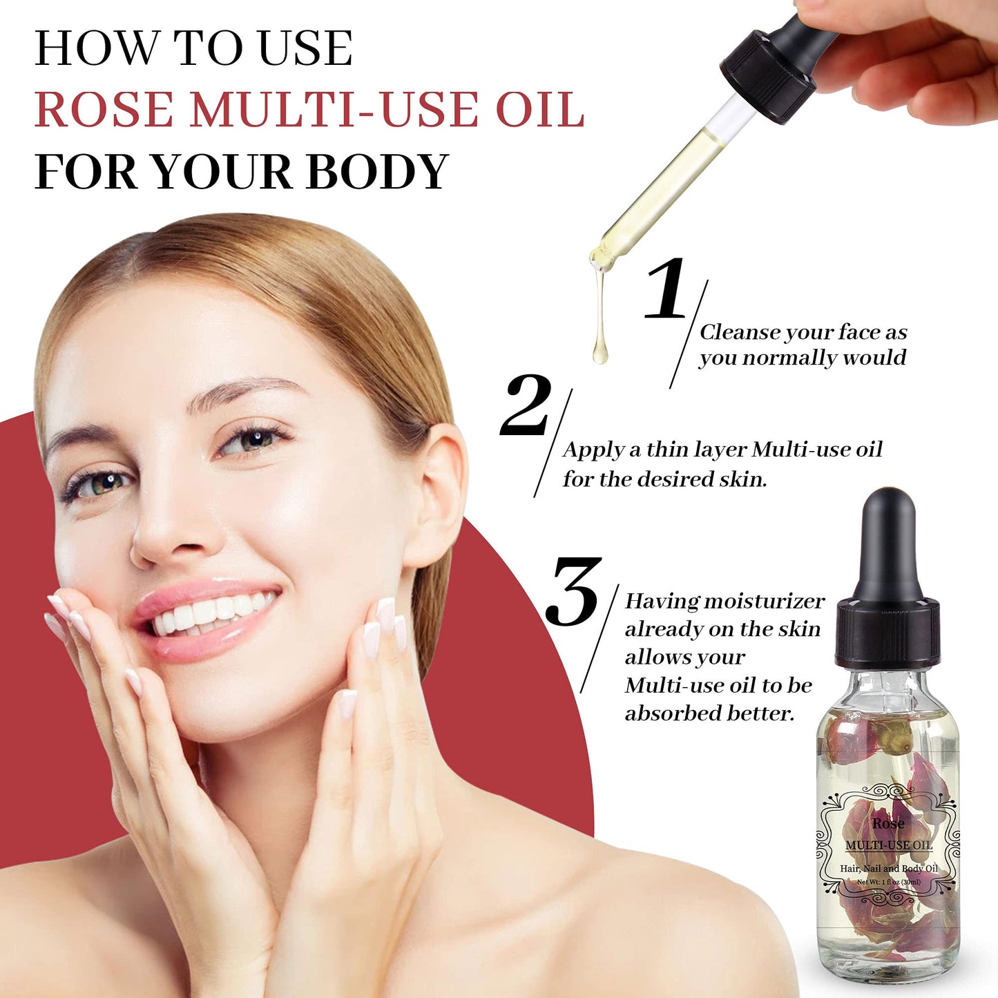 NP NATURES PHILOSOPHY Rose Multi-Use Oil, Plant Fragrant Essential Oil Rose Oil for Face, Hair, Body, Nails Care and Massage - 1 Fl Oz