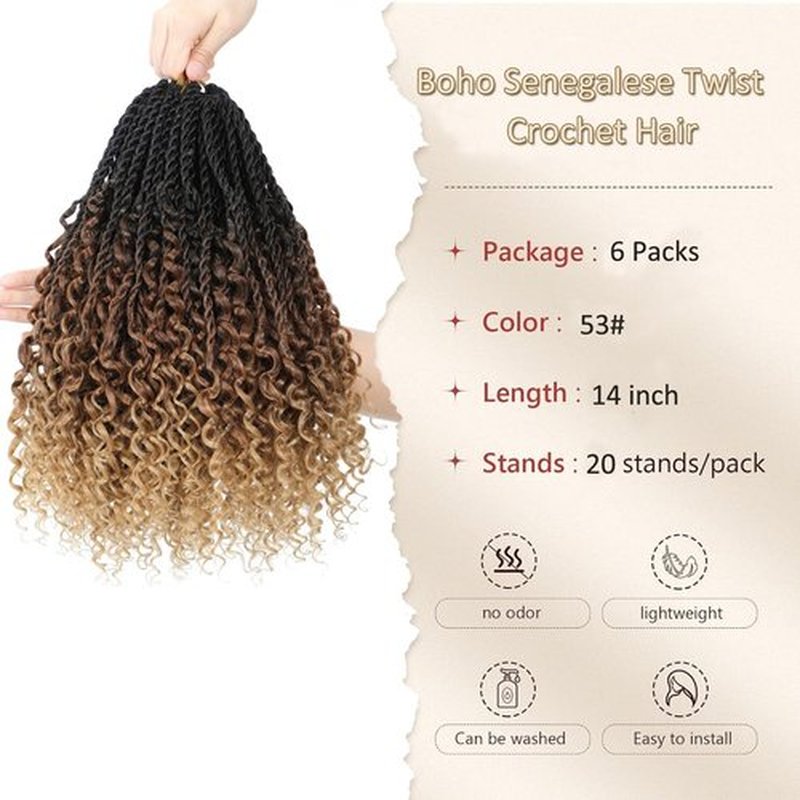 Goddess Twist Braids Crochet Hair With Curly Ends Senegalese Twist Braids Crochet Braids 6 Packs ombre black brown light brown Crochet Synthetic Braiding Hair Extension for Black Women (14inch, 53#)