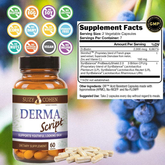 Script Essentials DermaScript Clear Skin Probiotic- Skin Care Routine Supplement - Biotin Face Supplemnt - Fights Acne, Dryness, Irritation and Rashes (60 Capsules)