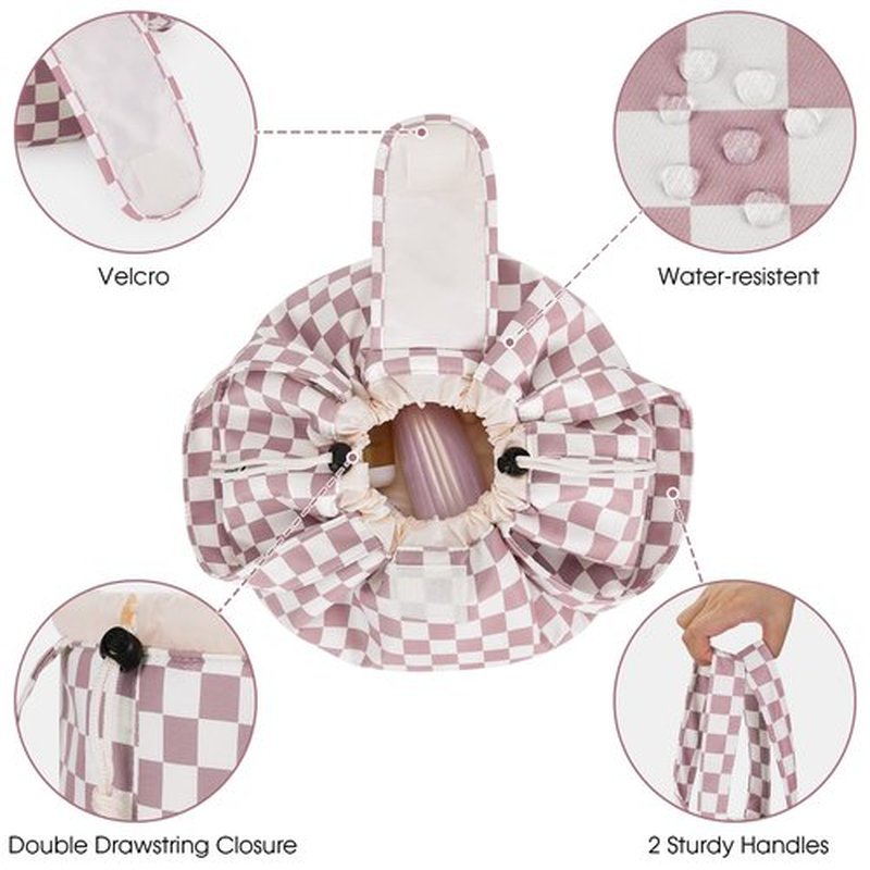 Barrel Drawstring Checkered Makeup Bag Large Cosmetic Bag Make up Bags Toiletry Organizer for Women (Dusty Rose Checkerboard) (Patent)