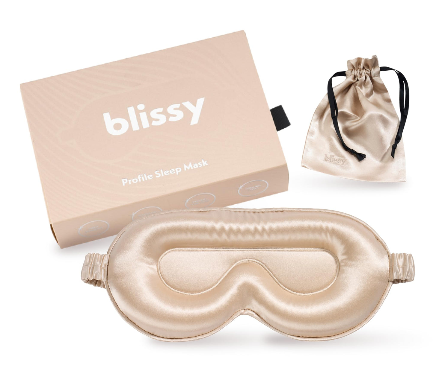 Blissy Silk Sleep Mask Profile - 100% Pure Mulberry Silk 22 Momme 6A Fibers Silk Eye Sleeping Mask for Women & Men for Total Blackout - Blindfold Silk Sleep Mask Side Sleeper Eye Cover (Champagne)