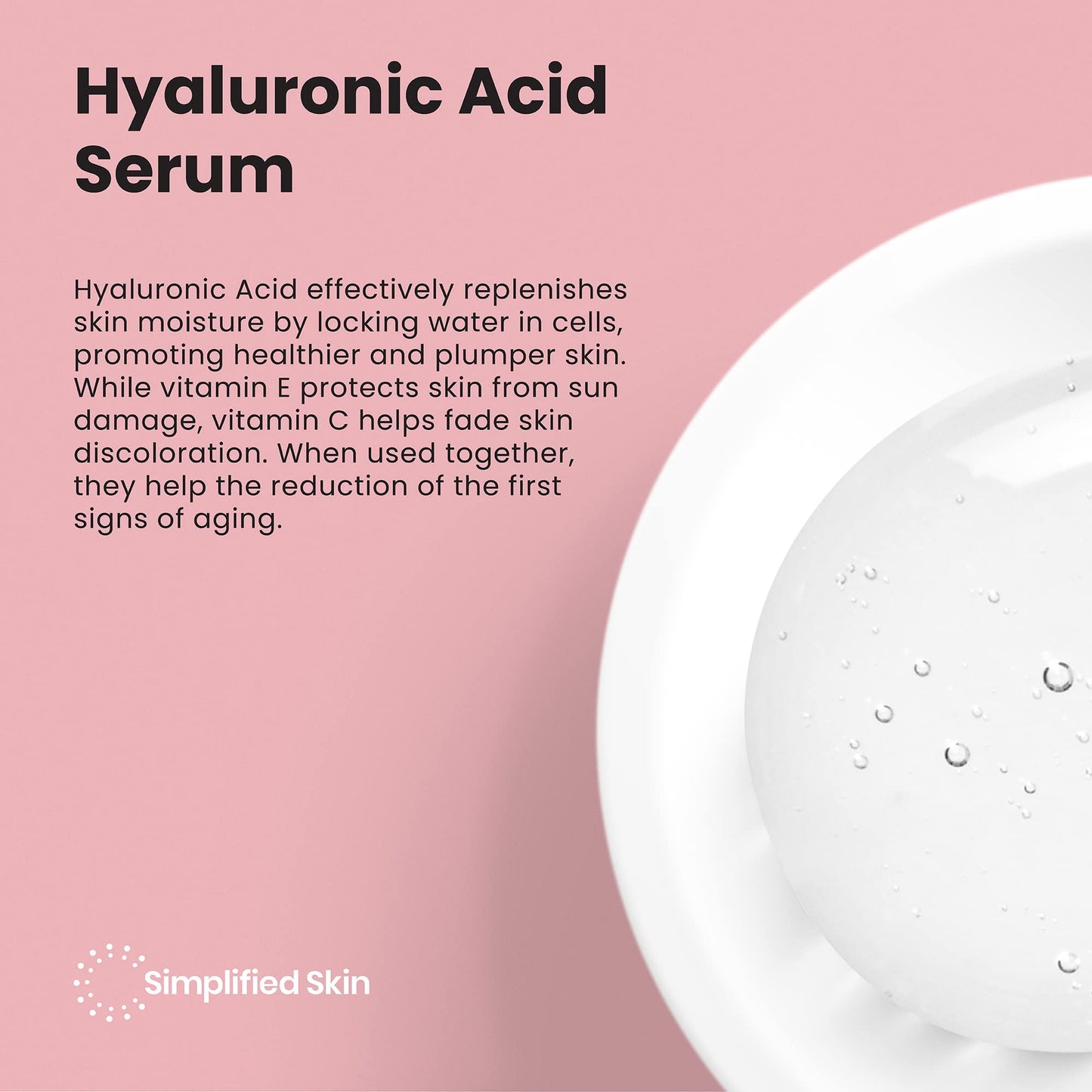 Simplified Skin Hyaluronic Acid Face Serum – Hydrating, Plumping & Youthful Skin - Anti-Aging Formula with Vitamin C, Jojoba Oil & Green Tea – 2 Fl Oz