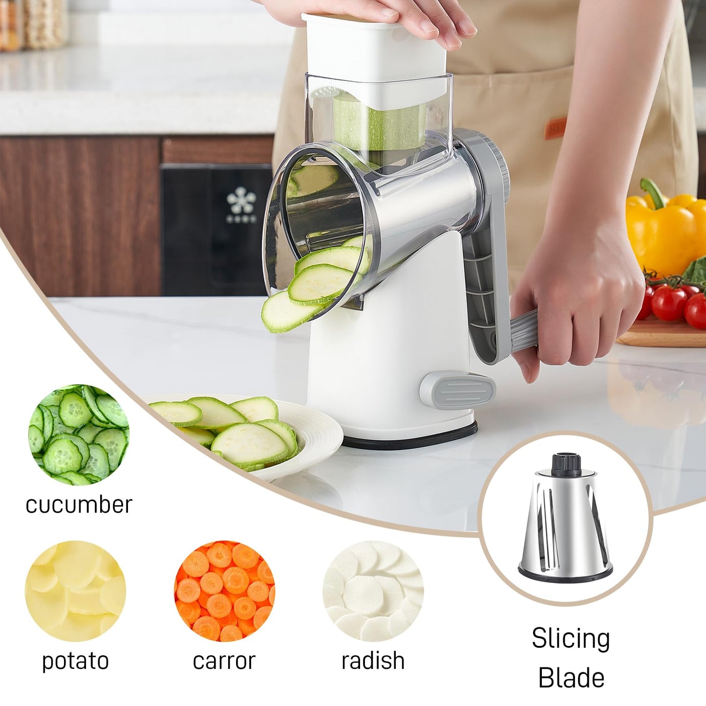 Weltonhm Rotary Cheese Grater with 4 Blades, Hand Crank Cheese Grater with Waffle Slicer, Black and White Cheese Slicer with Suction Base, Easier for Shredding& Grating (White and Grey, 4 Graters)