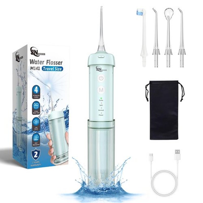 JNGOODS Mini Portable Water Flosser Oral Irrigator Water Teeth Cleaner Pick, Telescopic Water Tank, 4 Modes & IPX7 Waterproof, Home & Travel Water Flossers for Teeth, Braces Bridges Care. (Pearl Blue)