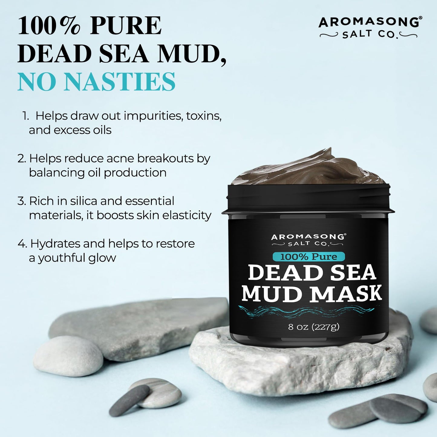 Aromasong Dead Sea Mud Mask with Coconut Oil – 100% Natural Mineral Mud for Face & Body – Hydrating Clay Mask for Pore Cleansing, Acne & Blackhead Removal, Anti-Aging, Firming & Detox