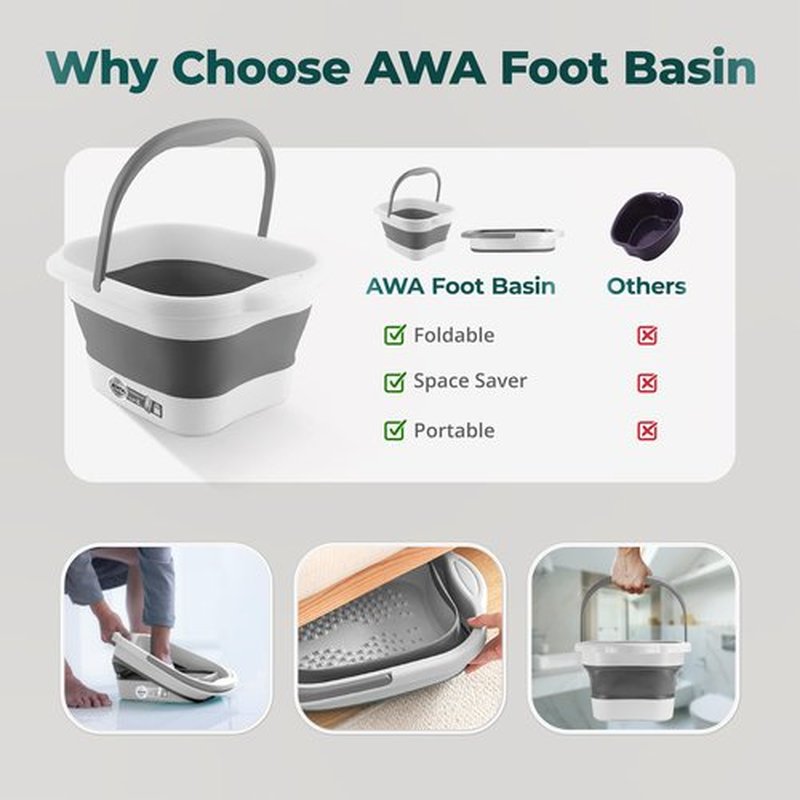 AWA Foot Soaking Tub, Collapsible Foot Bath Soak Tub for Soaking Feet, Pedicure Bowl, Plastic Feet Soaking Tub with Acupressure Massage Points, Foldable Laundry Basket (White Foot Tub)