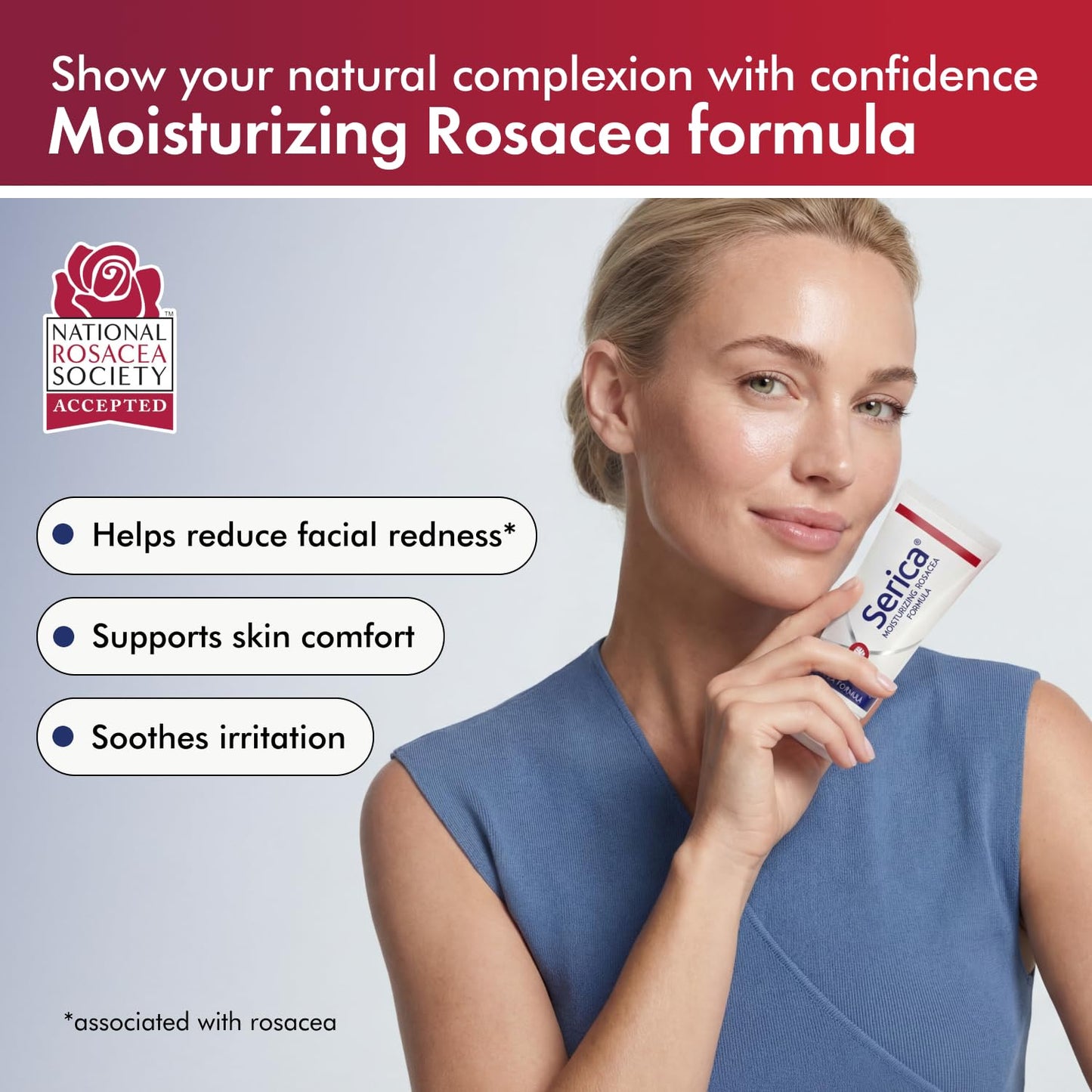 Serica Moisturizing Rosacea Formula (1 Oz), Helps Reduce Redness, Soothe Irritation, Improve Skin Texture & Tone, Homeopathic Face Moisturizer with Ceramides, Fatty Acids & Amazonian Oils