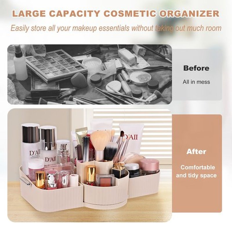 LAIMIJIN Countertop Makeup Organizer, Large Capacity Rotating Cosmetic Display Case for vanity, Spacious Makeup Skincare Storage Organizer with Makeup Brush Holder for Countertop (Cream)