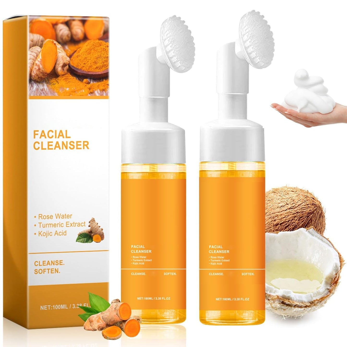 Axnzp 2 Pcs Turmeric Foaming Face Wash, Deep Cleansing Exfoliating Glow Wash Turmeric Brightening Facial Cleanser with Brush for All Skin.