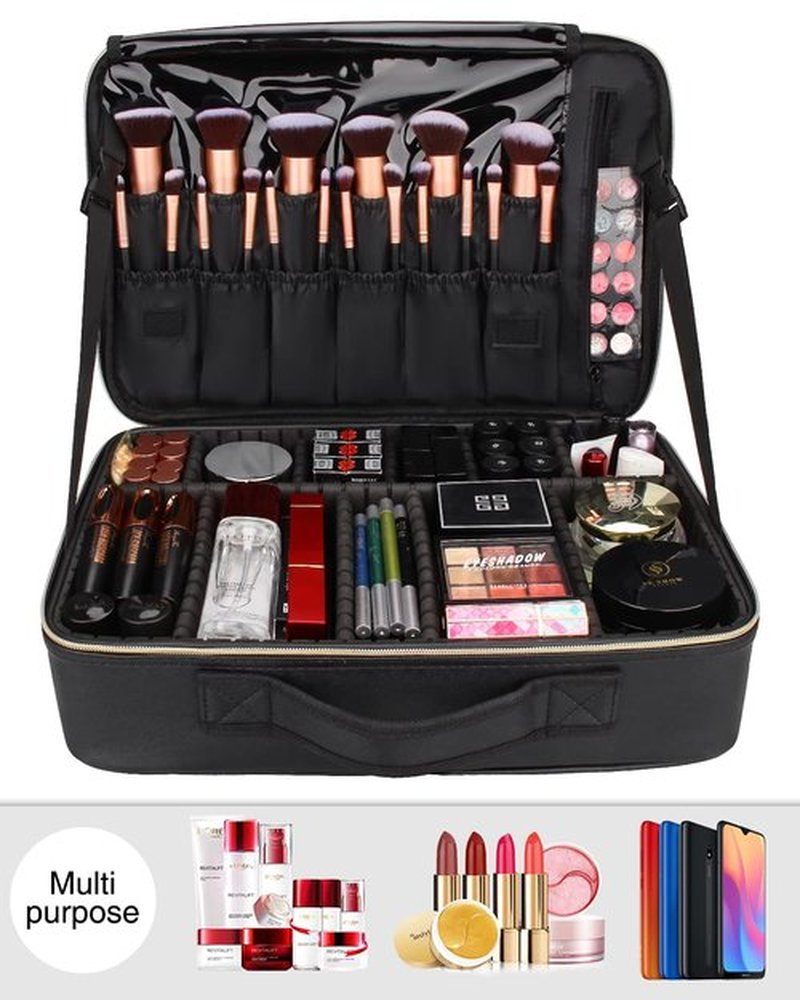Relavel Makeup Case Large Makeup Bag Professional Train Case 16.5 inches Travel Cosmetic Organizer Brush Holder Waterproof Makeup Artist Storage Box, Large Capacity (Leather Black, Large)