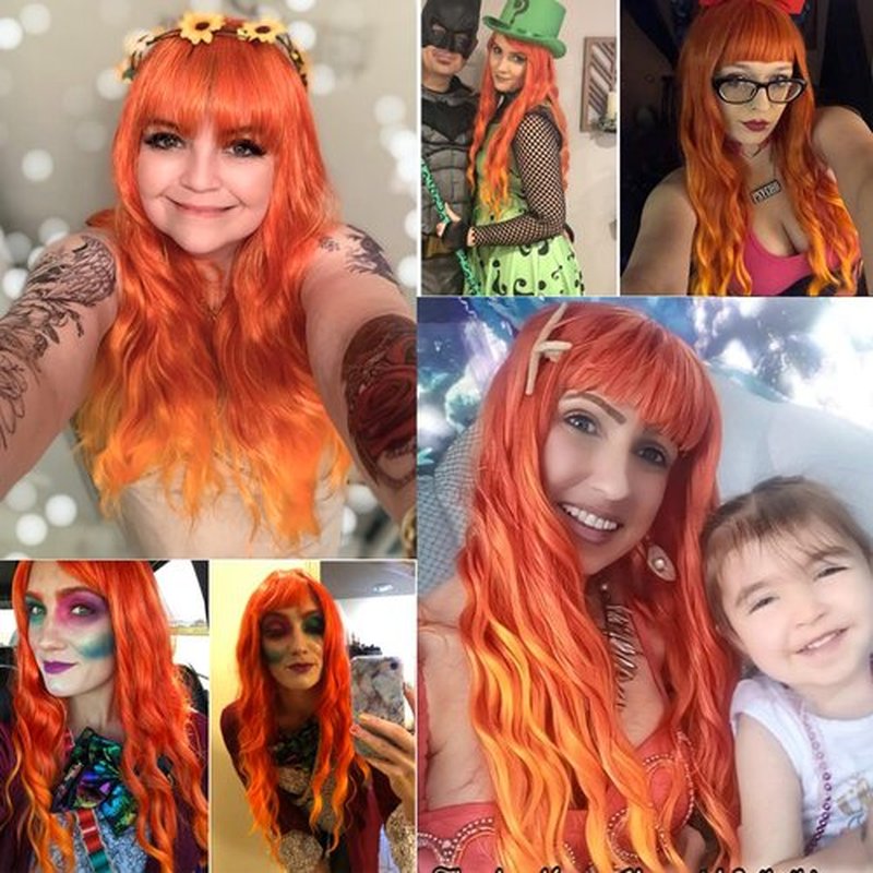MAGQOO Orange Ombre Flame Fire Wig with Bangs Long Curly Wavy Orange Ombre Hair Wig for Women Girls Synthetic Heat Resistant Cosplay Costume Party Wig Wig Cap Included (Orange Fire)