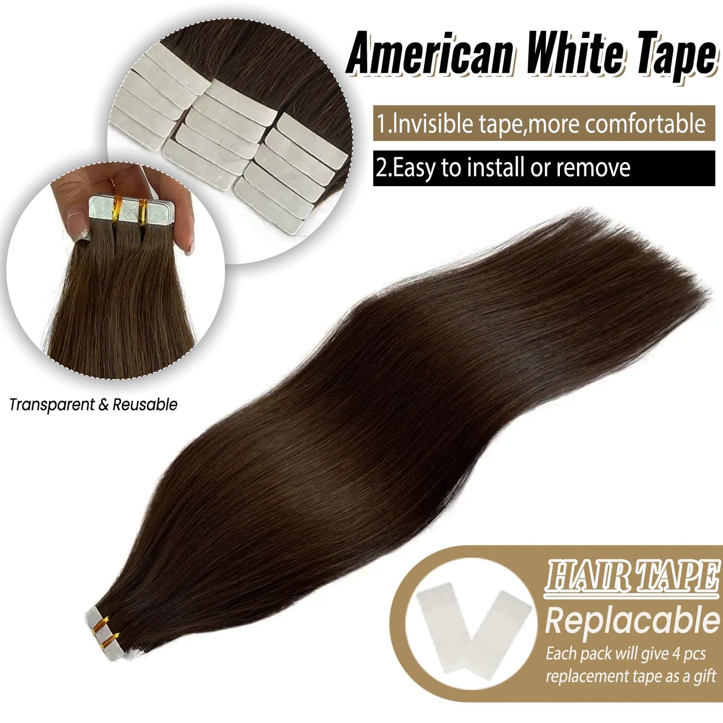 Brown Tape in Hair Extension Human Hair 20Inch 50g 20PCS Skin Weft Remy Straight Hair 2# Dark Brown Real Human Hair Extension