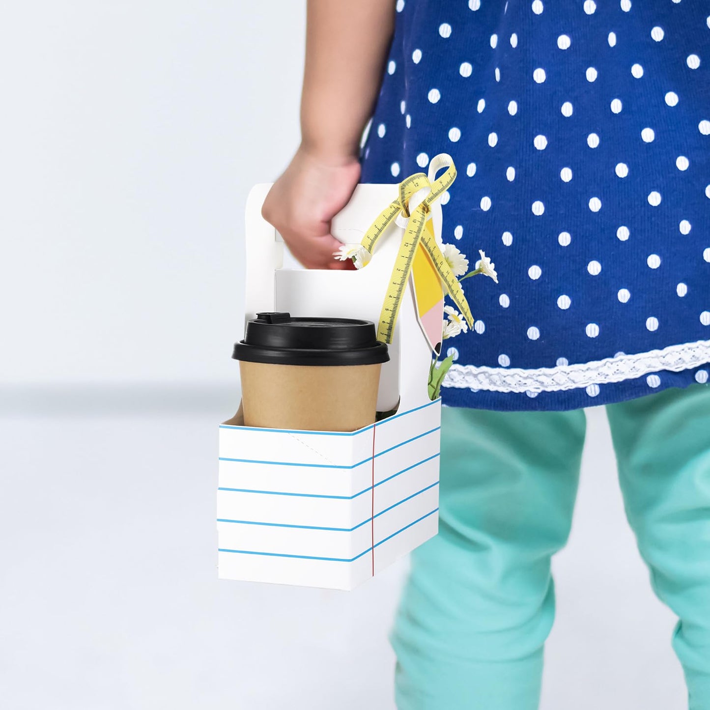 Reallnaive 24 Set Back to School 2 Cup Drink Carrier with Handle Blue Lined Cardboard Carrier Teacher Appreciation Gifts with Greeting Card Kraft Coffee Caddy Flower Holder for Classroom Party Favors