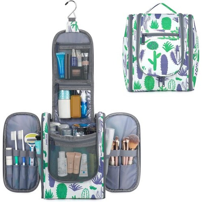 Narwey Small Hanging Toiletry Bag Women Travel Makeup Bag Organizer Toiletries Bag for Travel Size Essentials Accessories Cosmetics (Medium, Green Cactus)