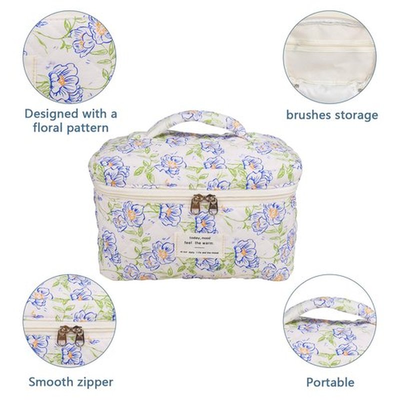 Large Makeup Bag, Cute Cosmetic Bag for Women Girls, Floral Coquette Aesthetic Toiletry Bag, Travel Make Up Organizer Bag (light blue)